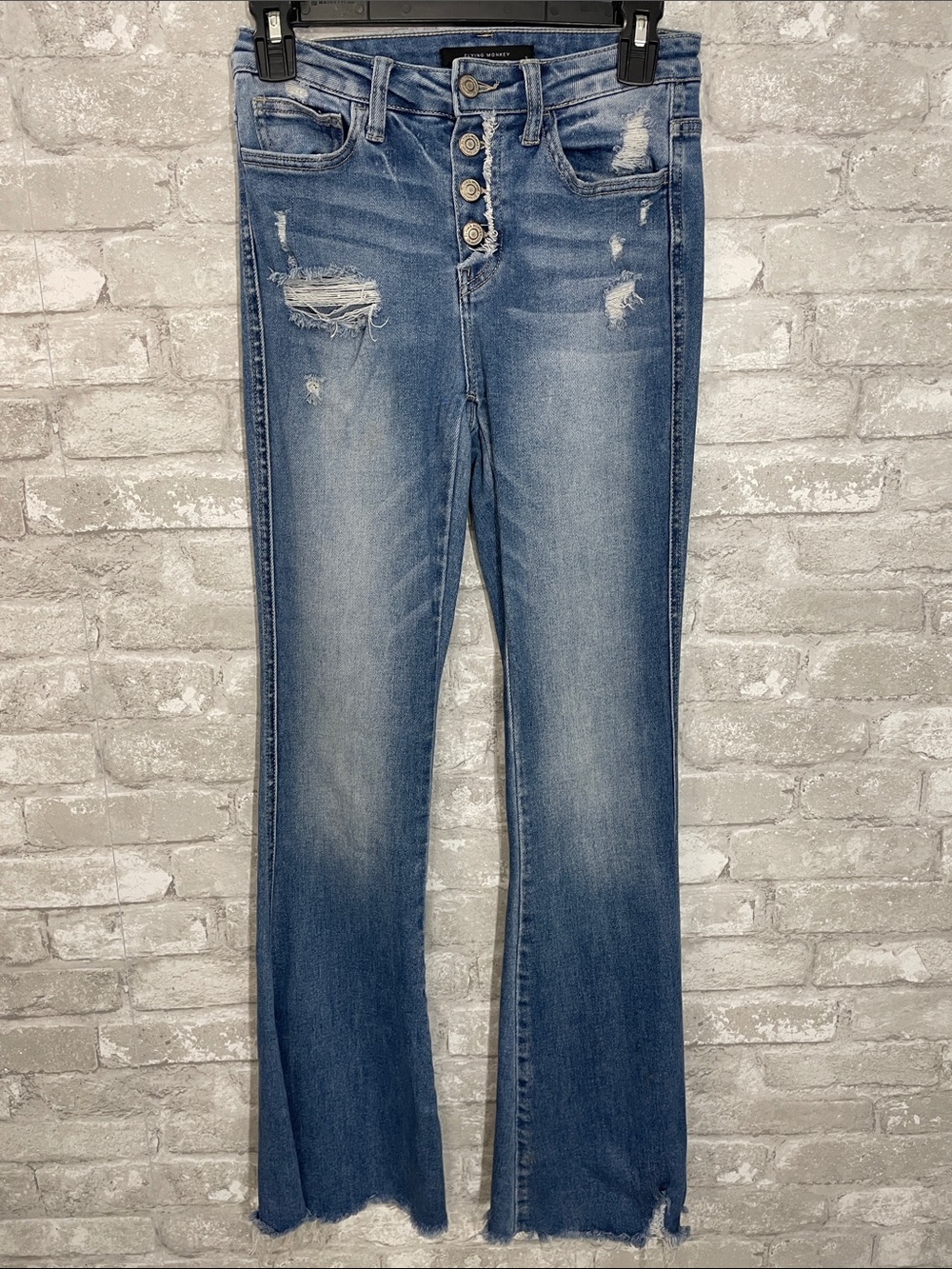 Flying Monkey Medium Blue Distressed Button-Fly High Rise Flare Jeans